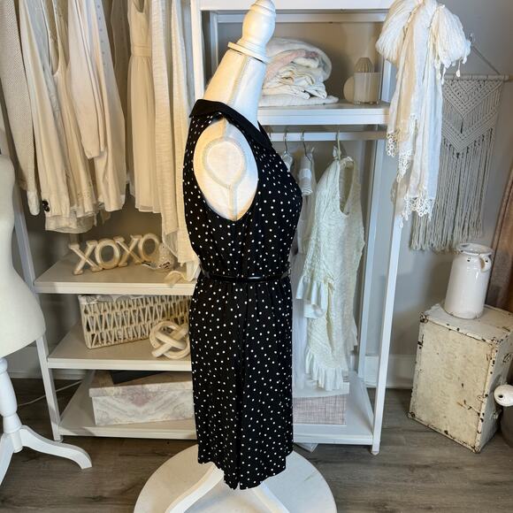Elle sz. small, black sleeveless, polkadotted, belted fit, and flare dress #3812 - Picture 3 of 9